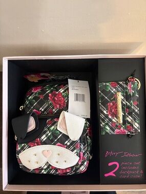 Betsey Johnson Black Plaid Floral dog Backpack & Card Case